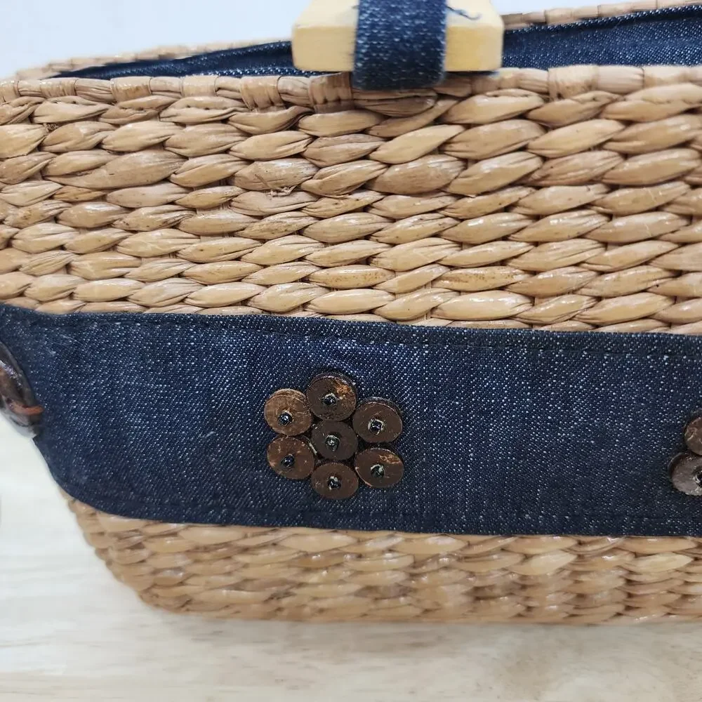 Straw Basket Purse Denim Accent Wooden Handles Beach Cottagecore Bag 10x5.5